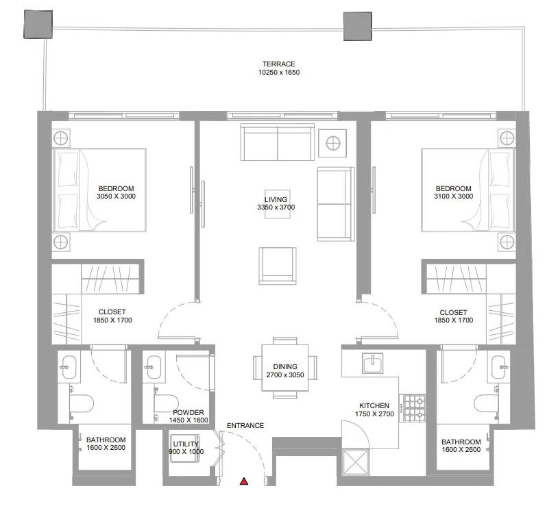 Pierside Marina Residences 2 bed floor plan, 1,026 – 1,044 sqft
