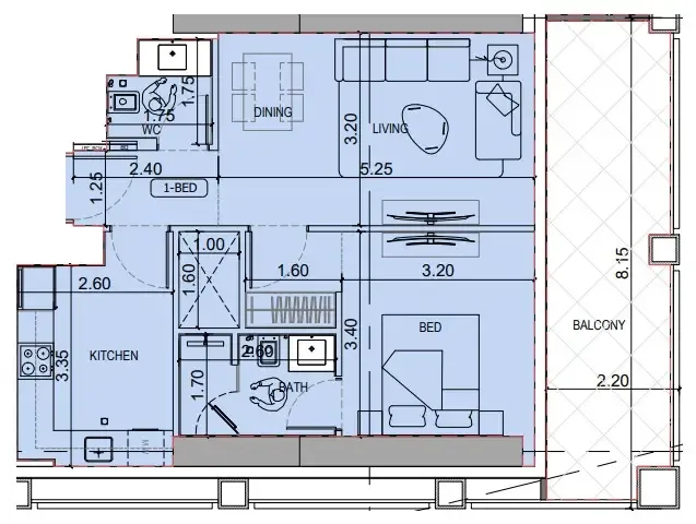 Binghatti Titania 1 bed floor plan, 798 sqft