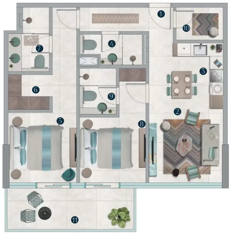 Octa Isle Interiors by Missoni 2 bed floor plan, 1,025 sqft