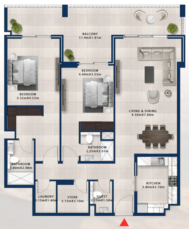 Asayel Avenue 2 bed floor plan, 1,725 sqft