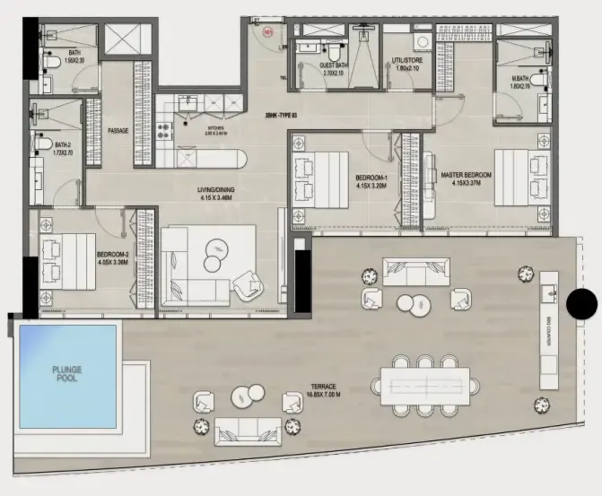 Rabdan Gates 3 bed floor plan, 2,504 sqft