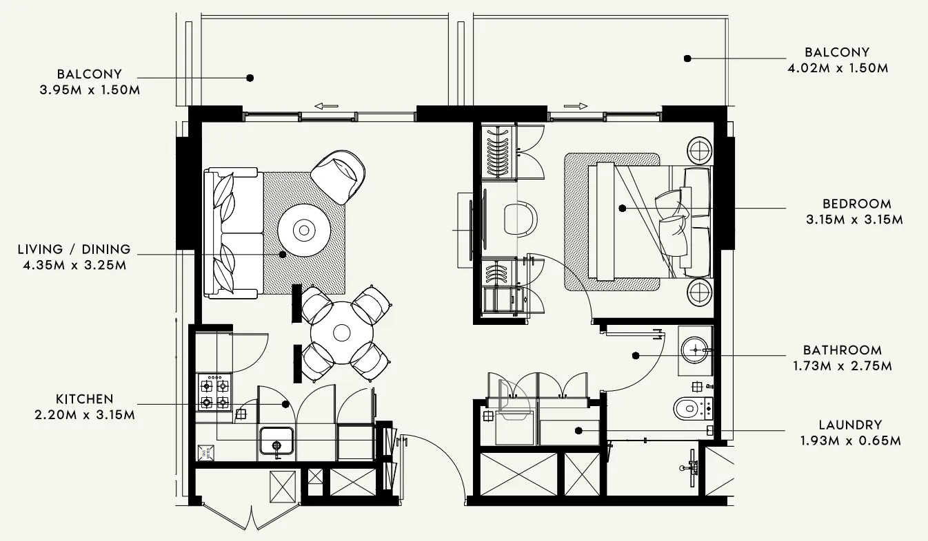 Beach Oasis 1 and 2 1 bed floor plan, 678 sqft