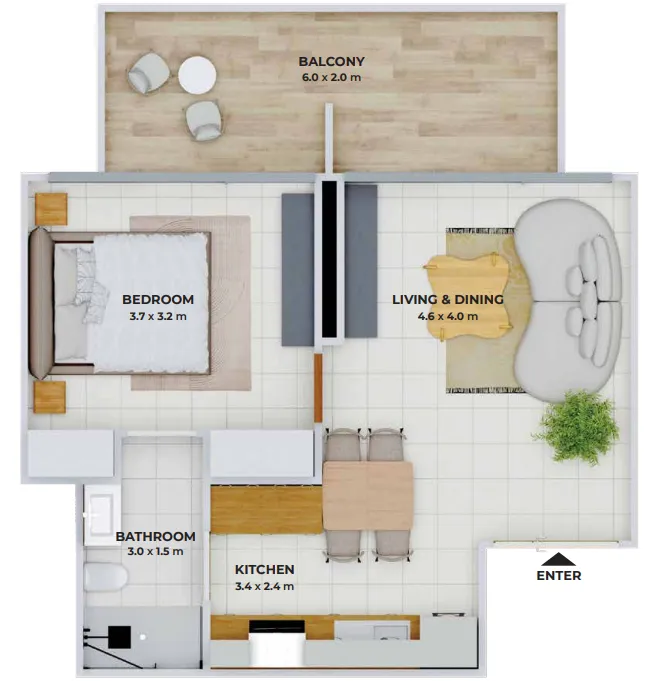 Treppan Tower 1 bed floor plan, 639 sqft