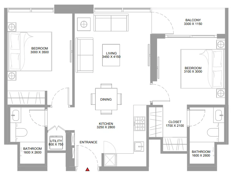 Pristine Beach Residences 2 bed floor plan, 776 sqft