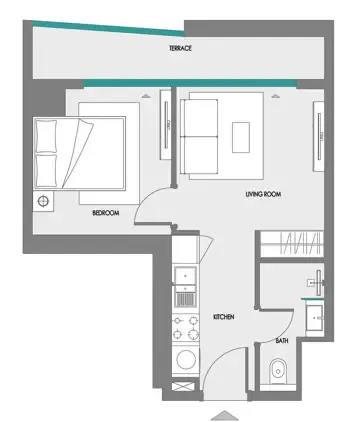 Samana Greenfield 2 1 bed floor plan, 443 sqft