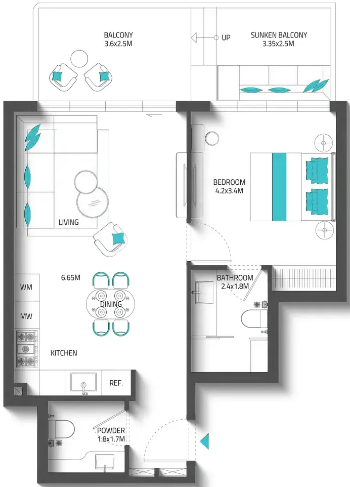 Reef 996 1 bed floor plan, 762 sqft