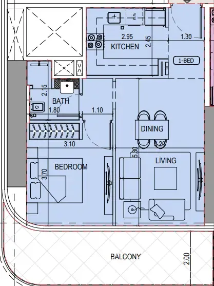 Binghatti Sky Terraces 1 bed floor plan, 711 sqft