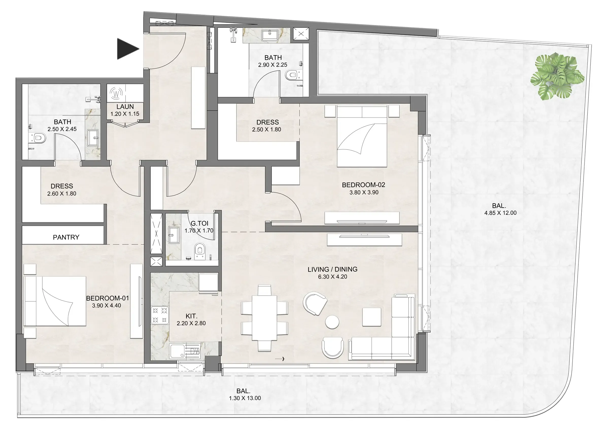 Luzora Residence 2 bed floor plan, 2,303 sqft