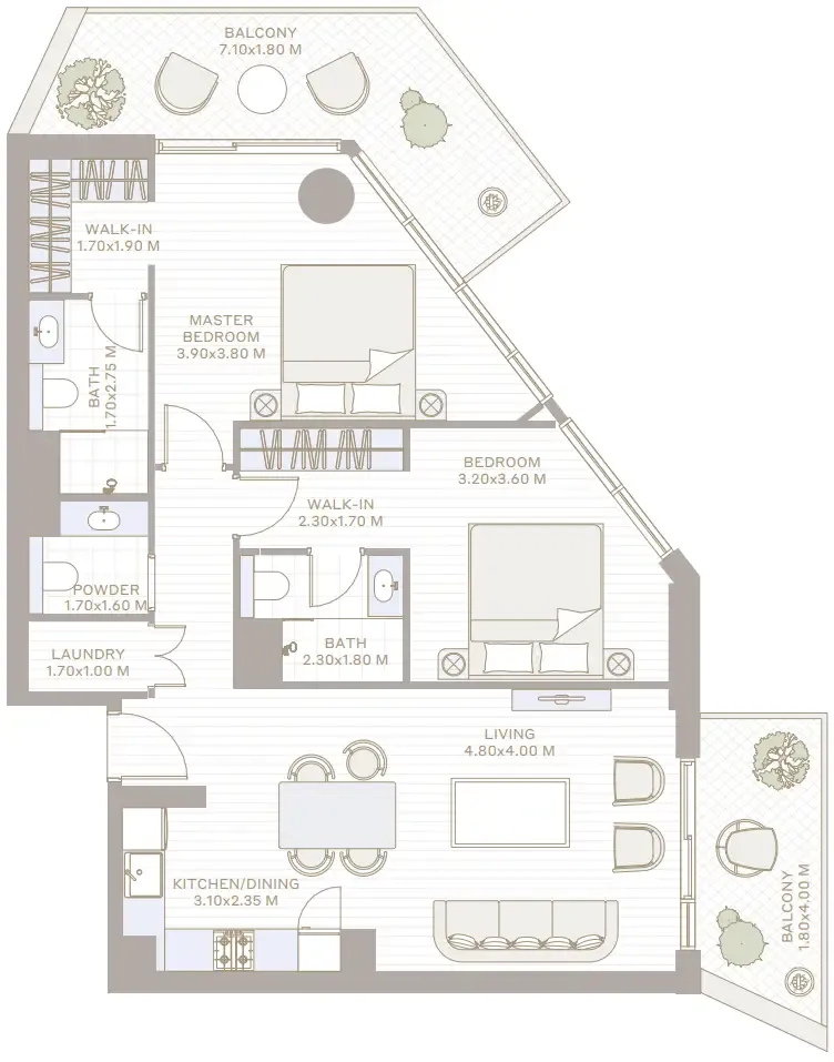 Park Five 2 bed floor plan, 1,220 – 1,221 sqft