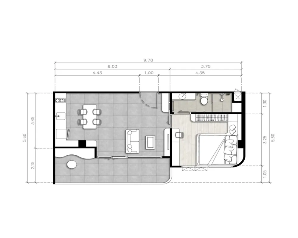 The Element 2 bed floor plan, 525 sqft