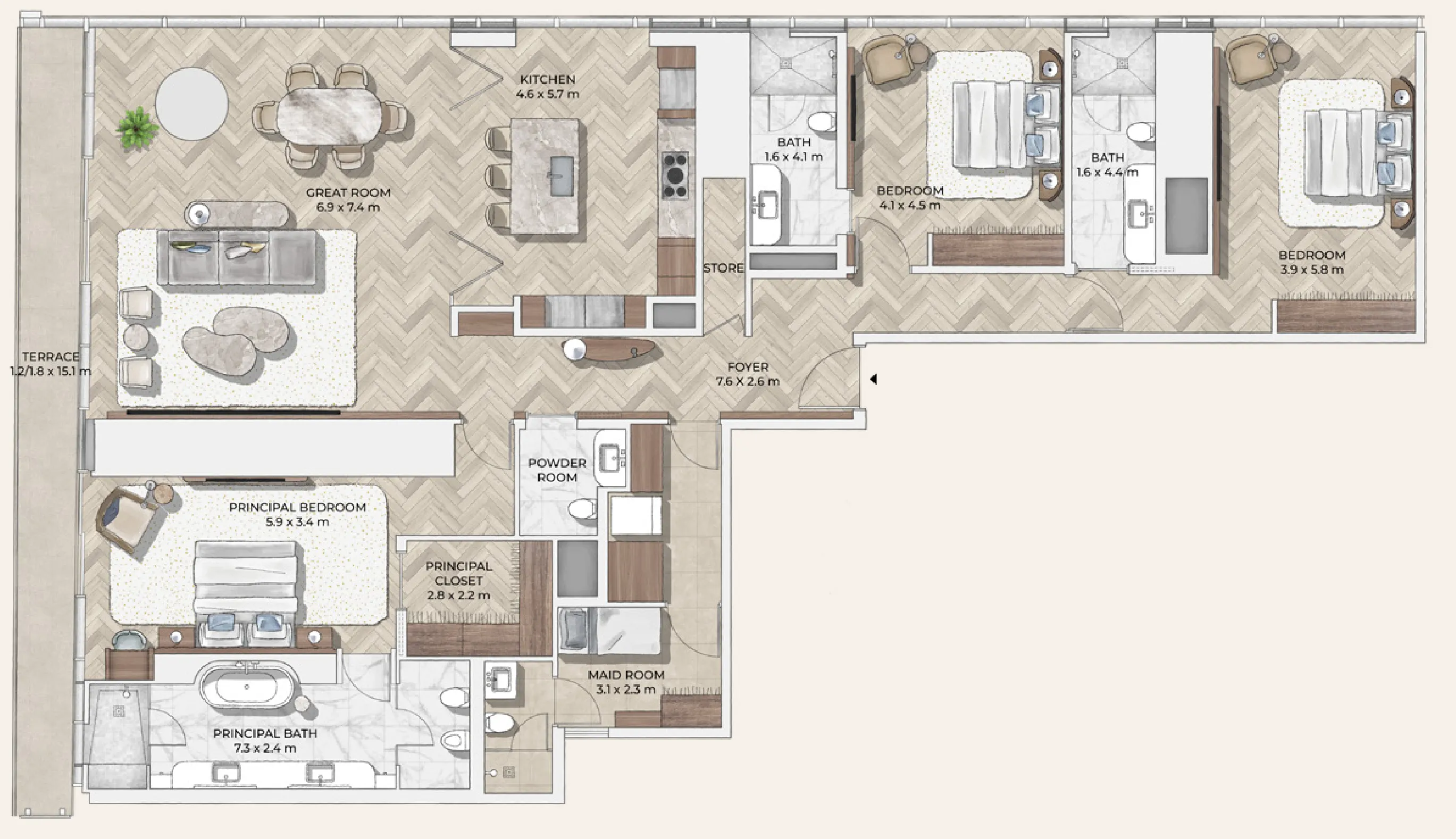 Mr. C Residences Downtown 3 bed floor plan, 3,091 – 3,101 sqft