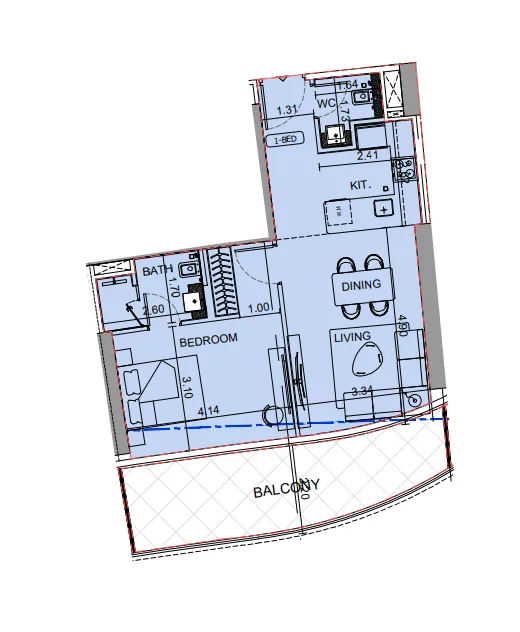 Binghatti Aquarise 1 bed floor plan, 791 sqft