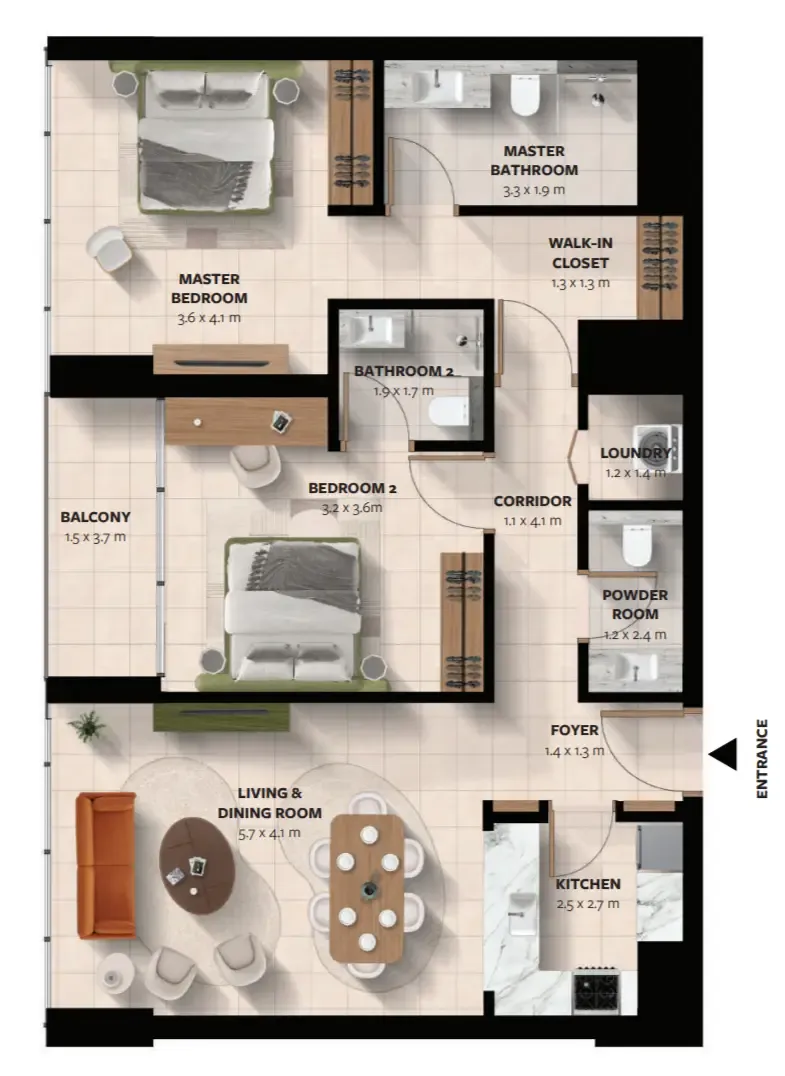 Waada Dubai South 2 bed floor plan, 1,141 – 1,146 sqft