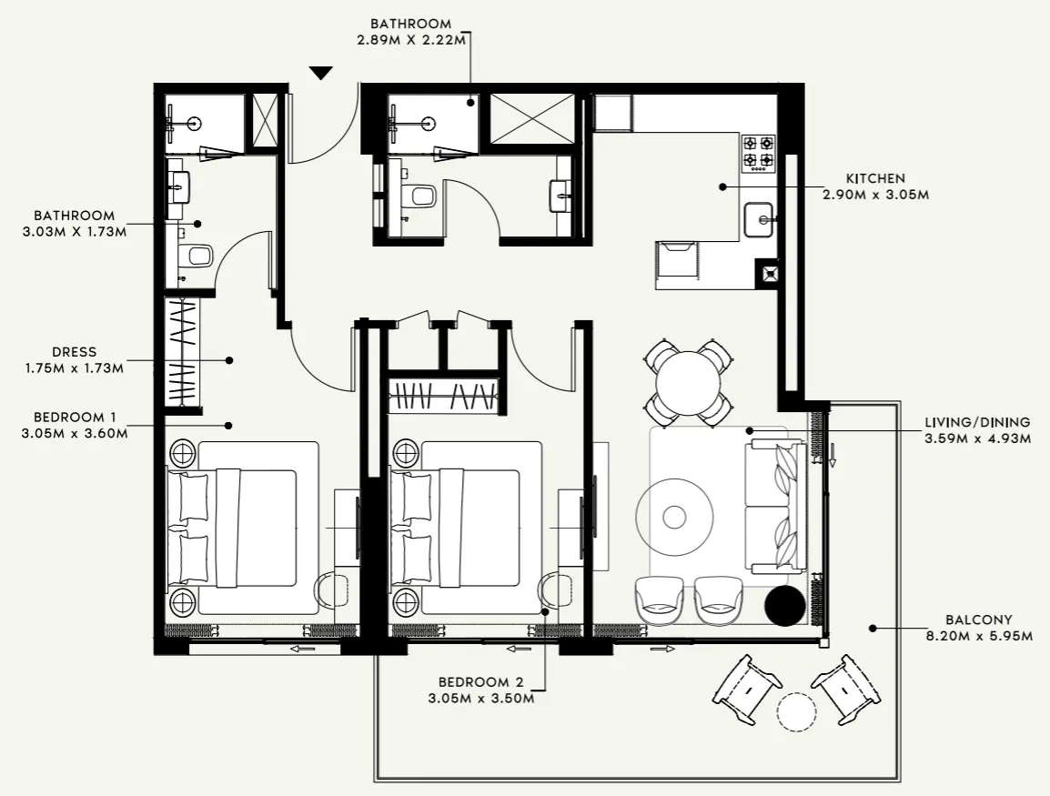 Azizi Venice 2 bed floor plan, 999 – 1,233 sqft