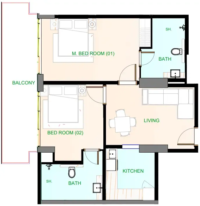 Playa Viva 2 bed floor plan, 938 sqft