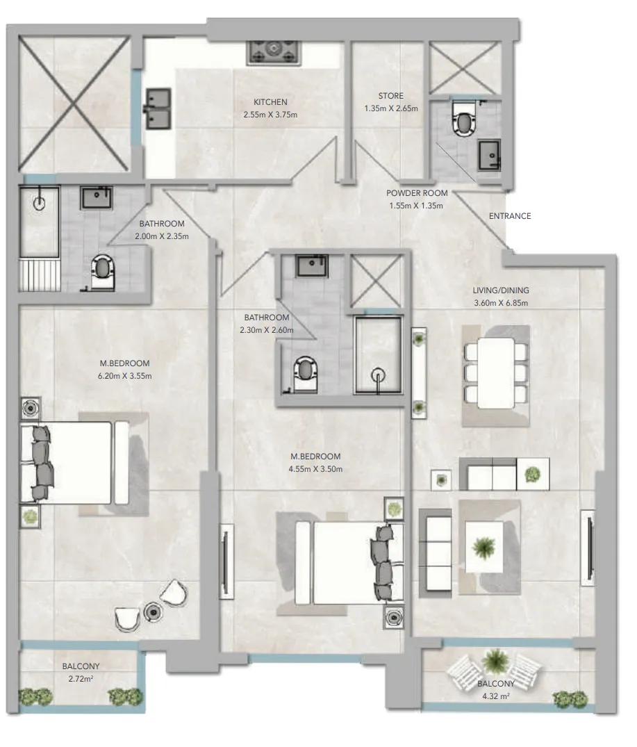 Al Aamra 3 Tower 2 bed floor plan, 1,650 sqft