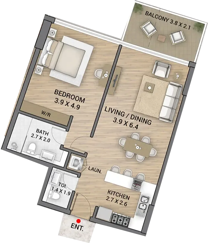 Ocean Tower 1 bed floor plan, 840 sqft