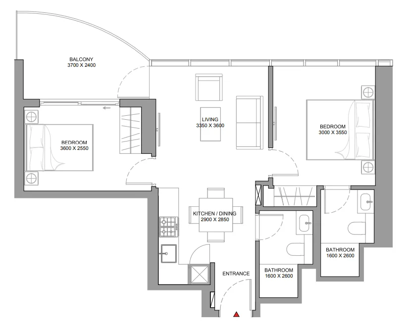 Sobha Aquamont 2 bed floor plan, 732 – 736 sqft