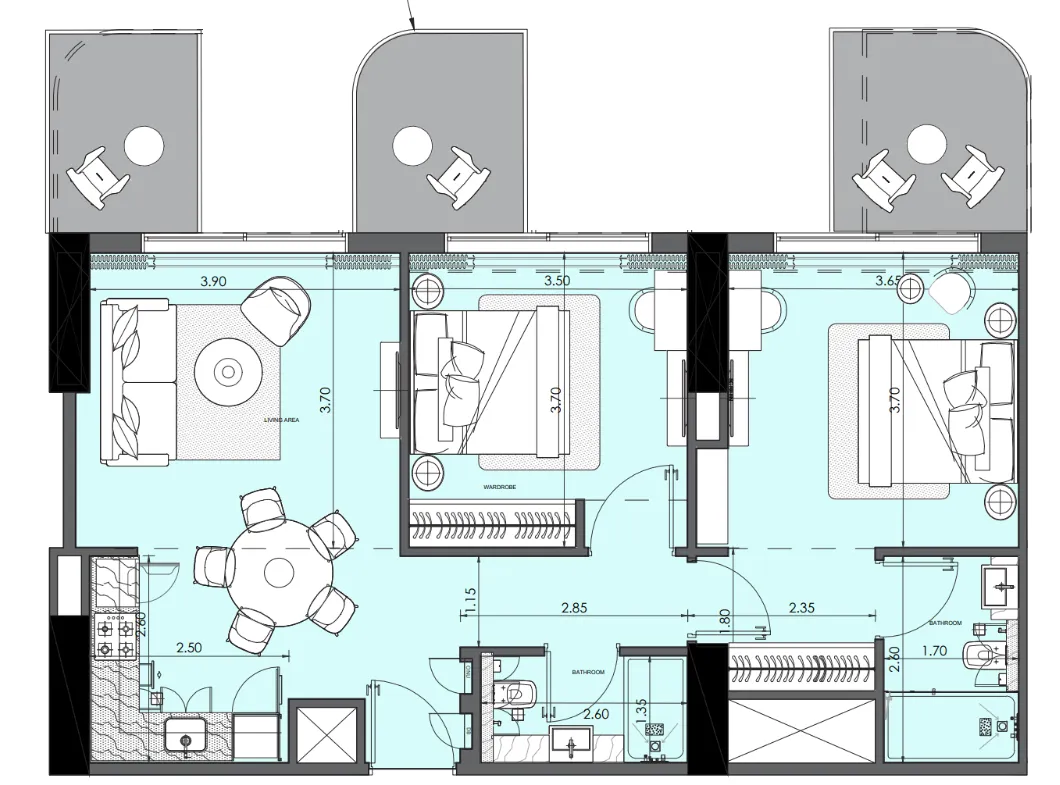 Azizi Wasel 2 bed floor plan, 979 – 988 sqft