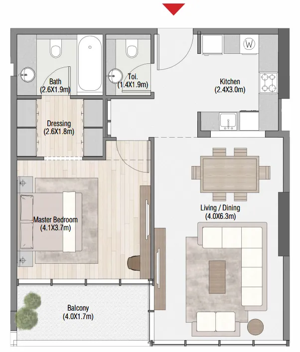 South Living 1 bed floor plan, 898 sqft
