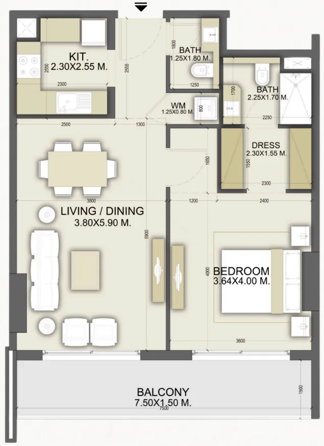 Dalmore Tower 1 bed floor plan, 813 sqft
