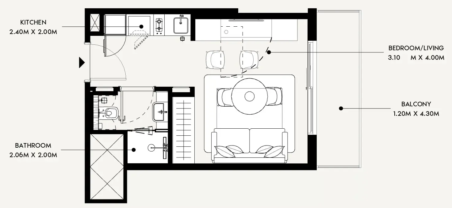 Azizi David Studio floor plan, 335 sqft