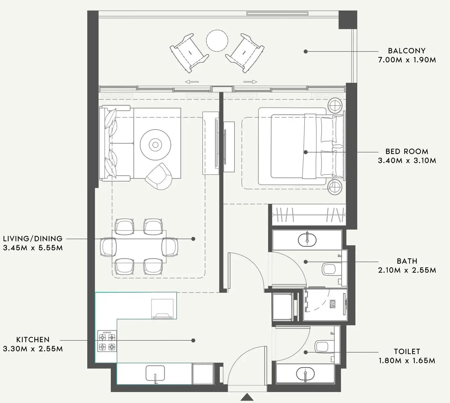 Riviera 58 1 bed floor plan, 784 sqft