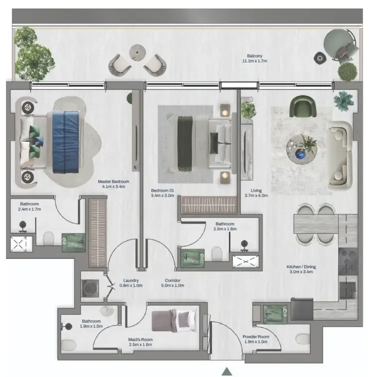 Oceara Park View Residences Phase 1 2 bed floor plan, 1,187 sqft