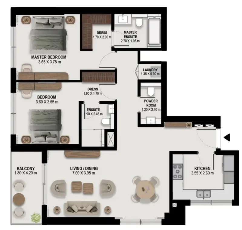 Boulevard Park at Wasl Gate 2 bed floor plan, 1,292 – 1,304 sqft