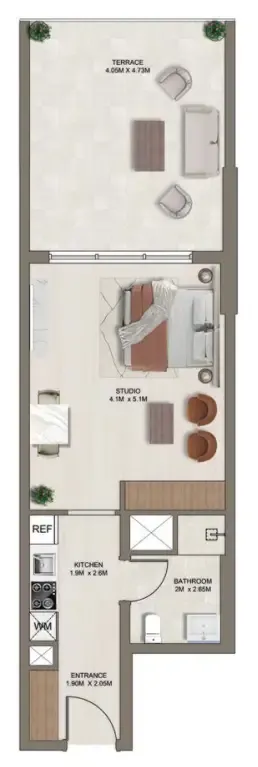 Ghaff Land Residence Studio floor plan, 605 sqft