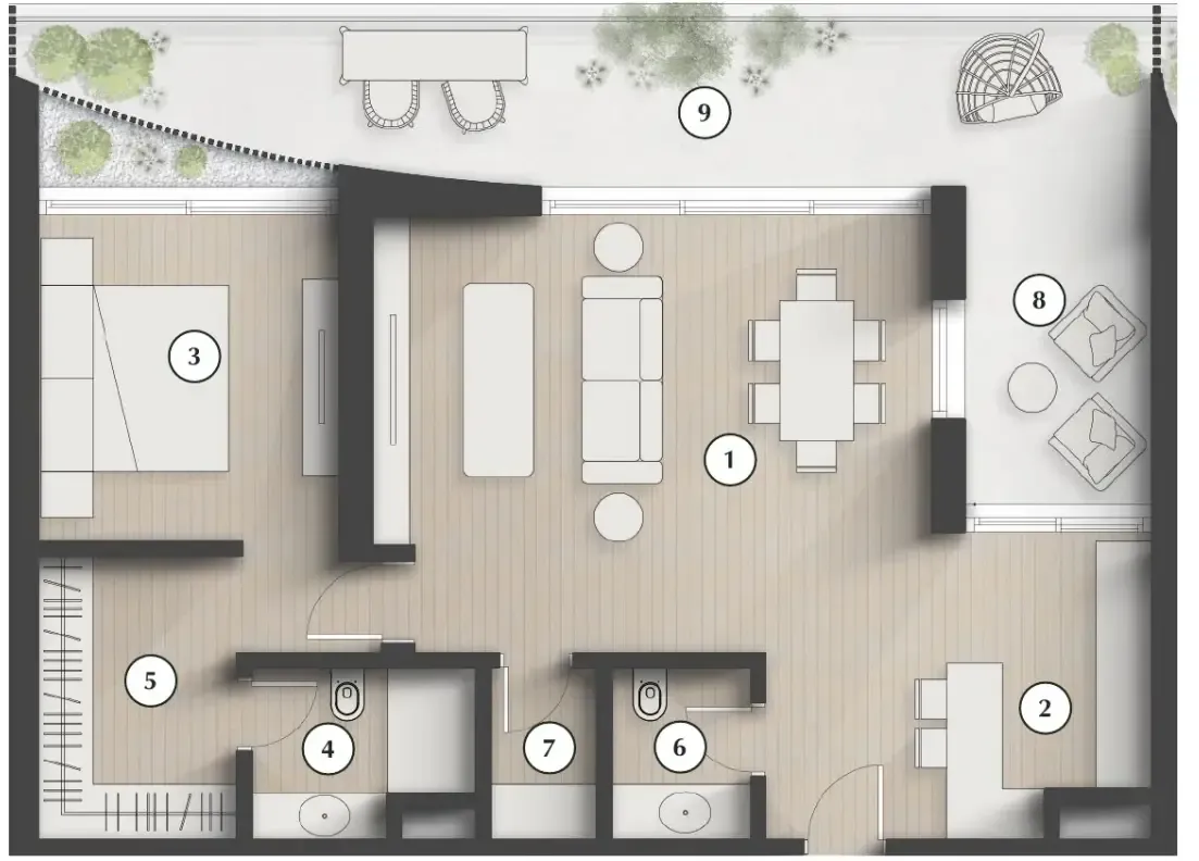 Lunaya Terraces 1 bed floor plan, 1,190 sqft