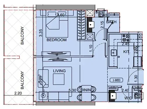 Binghatti Cullinan 1 bed floor plan, 730 sqft