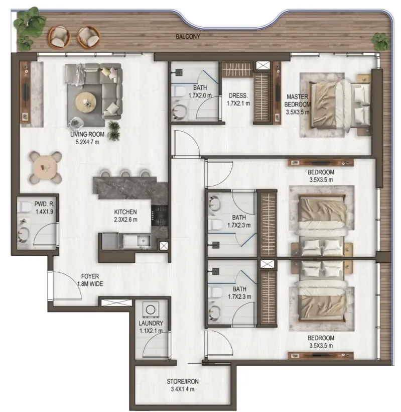 Noore 3 bed floor plan, 1,711 sqft
