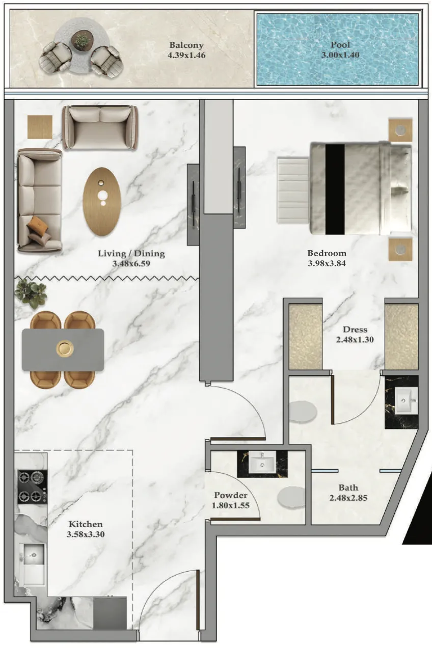Bayz 102 1 bed floor plan, 822 sqft