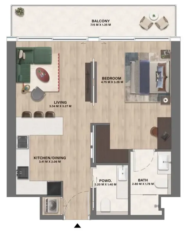 Mövenpick Residences Dubai Motor City Phase 1 1 bed floor plan, 703 sqft