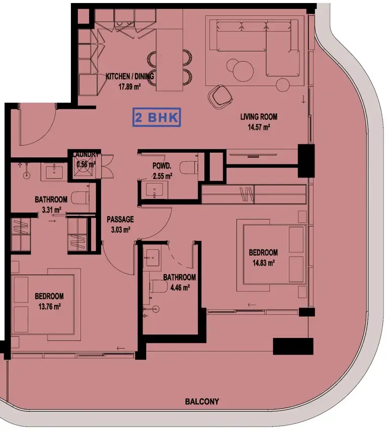 Marquis Horizon 2 bed floor plan, 1,278 sqft