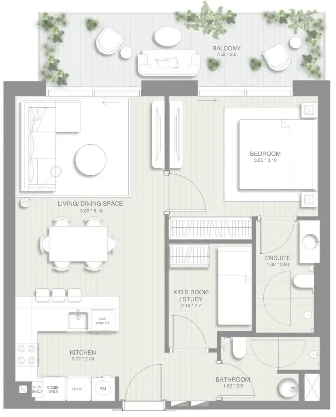 Sol Levante 1 bed floor plan, 856 – 857 sqft