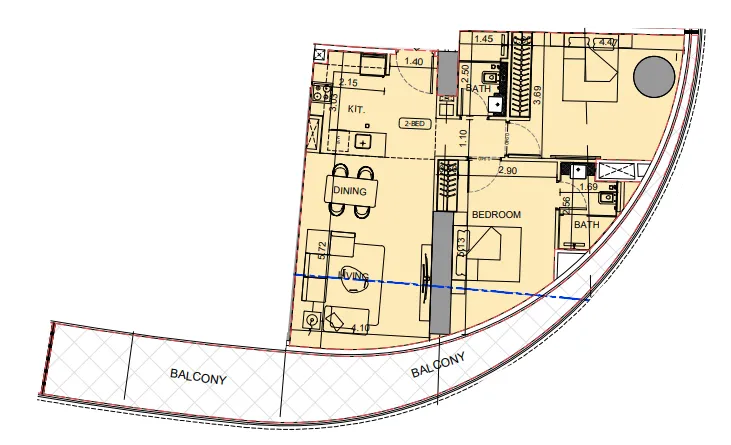 Binghatti Aquarise 2 bed floor plan, 1,301 sqft
