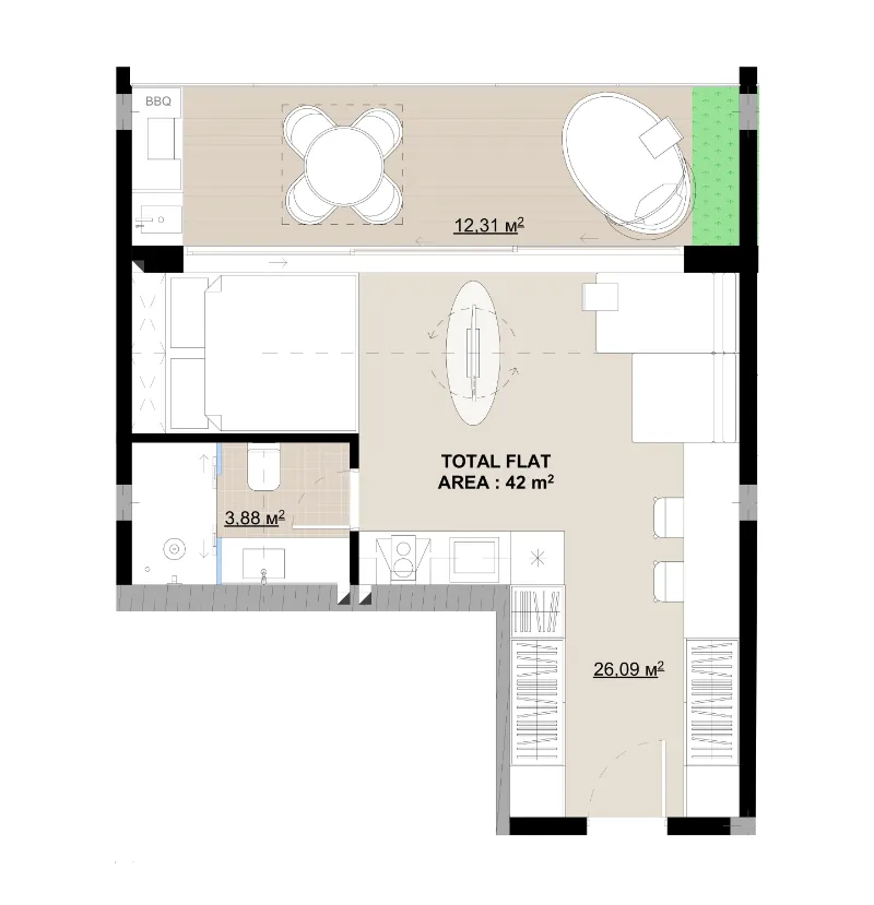 Buddha Club House Studio floor plan, 462 sqft