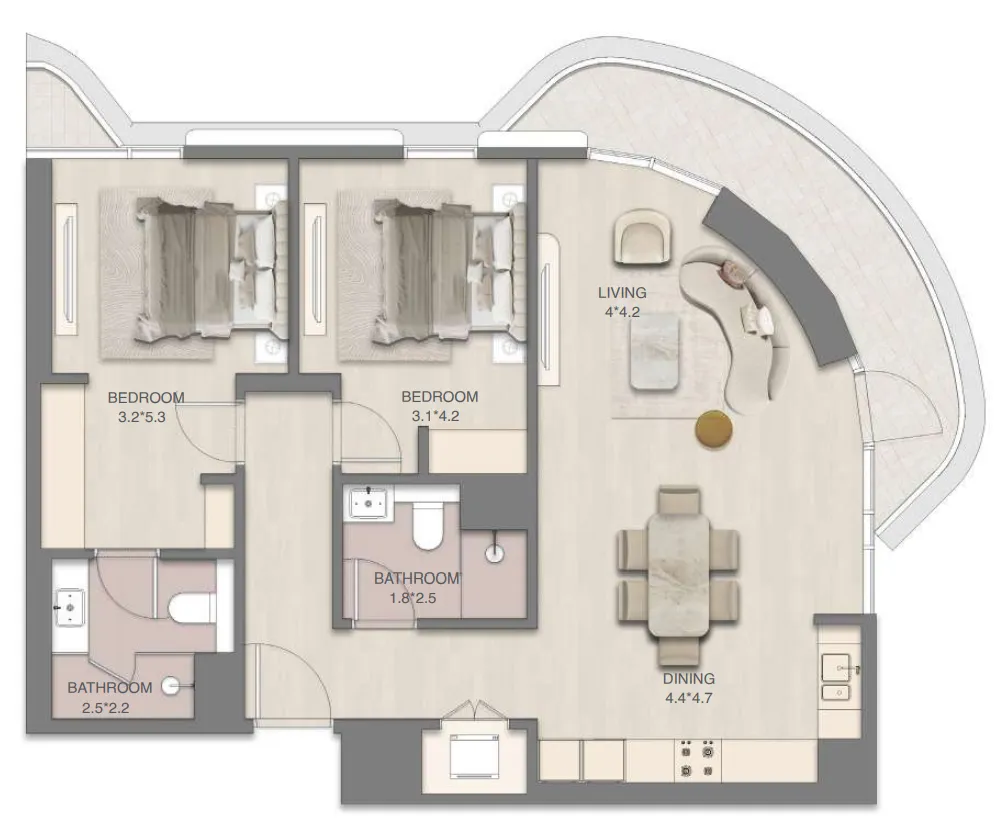Mirasol Mina 2 bed floor plan, 1,291 sqft