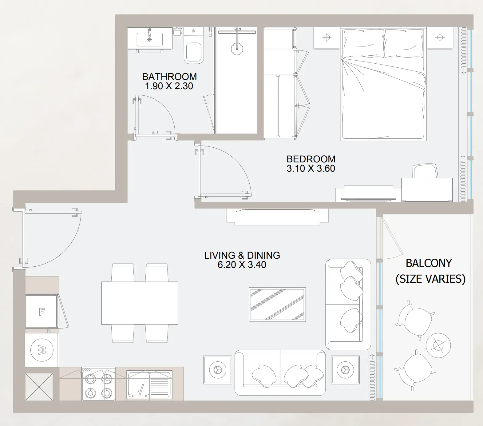 Vista 3 1 bed floor plan, 481 sqft