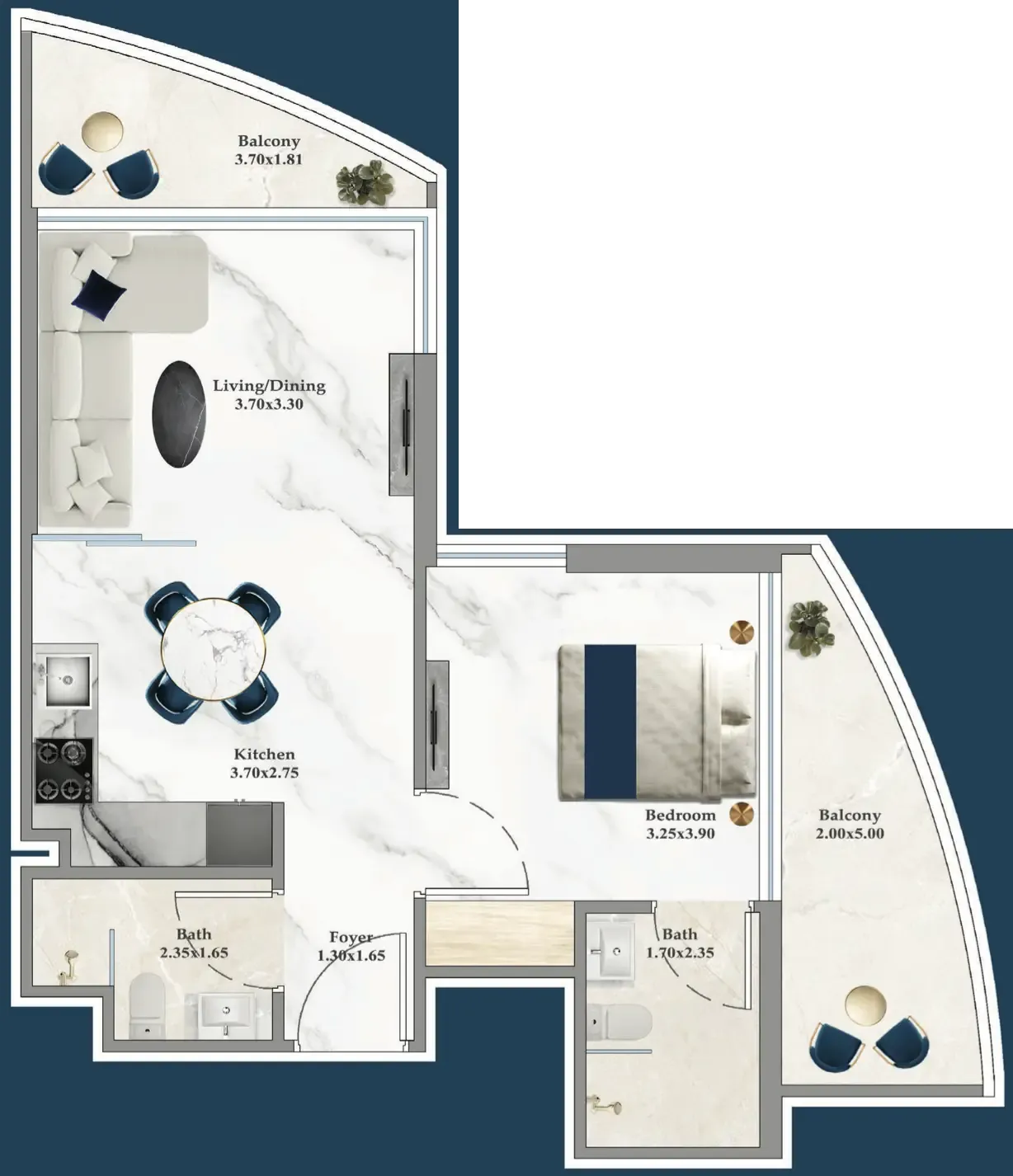 Serenz 1 bed floor plan, 586 sqft