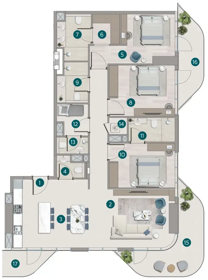 Flora Shore Beachside Residences 3 bed floor plan, 1,539 sqft