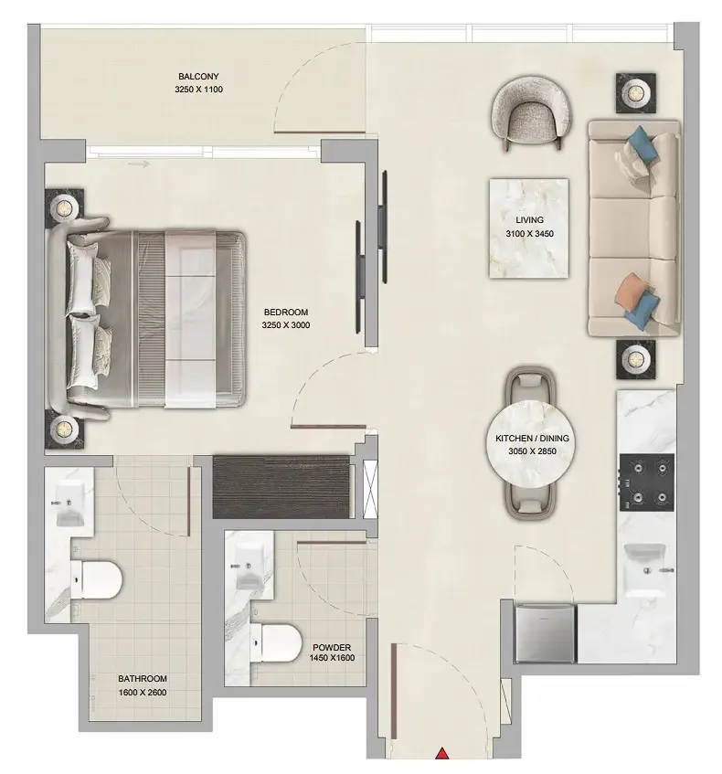 Tranquil Beach Residences 1 bed floor plan, 512 sqft
