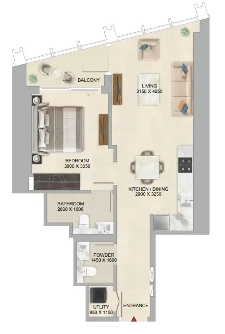 The Mirage at Sobha Central 1 bed floor plan, 648 sqft