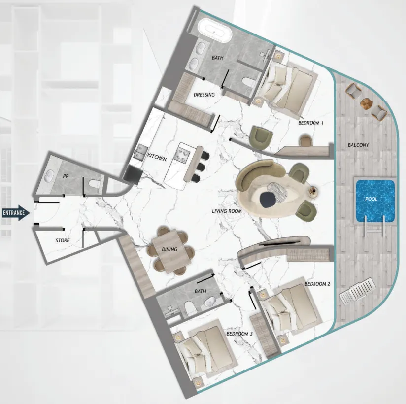 Samana Barari Heights 3 bed floor plan, 1,874 sqft