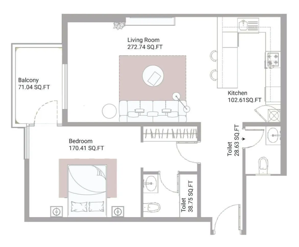 Ajman Creek Towers 1 bed floor plan, 1,129 – 1,181 sqft