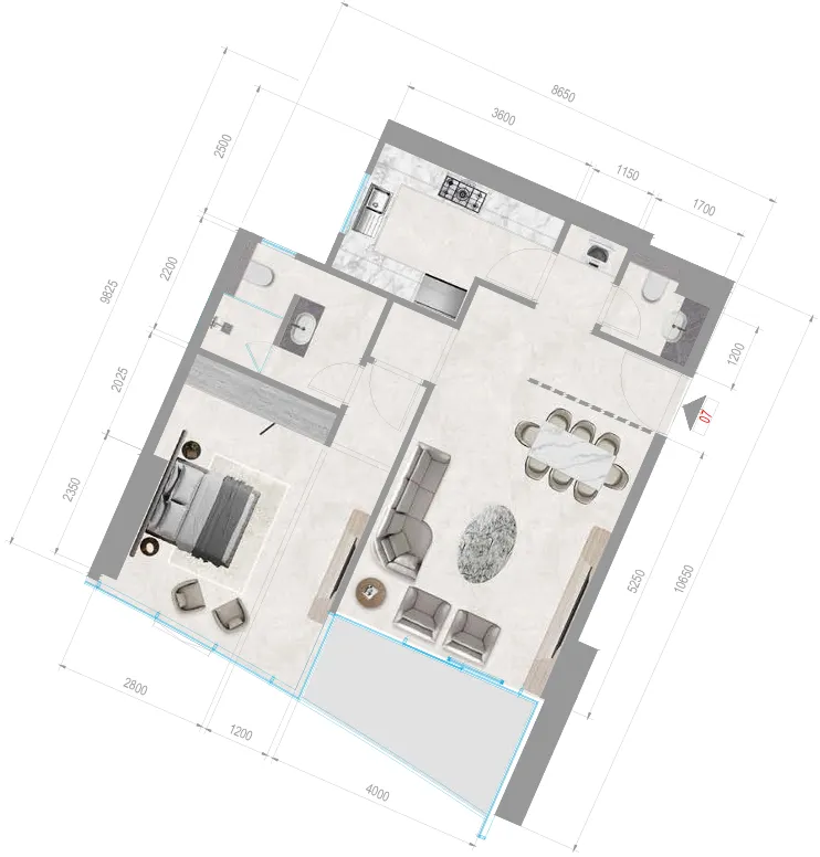 Orchid Towers Phase 1 1 bed floor plan, 850 sqft
