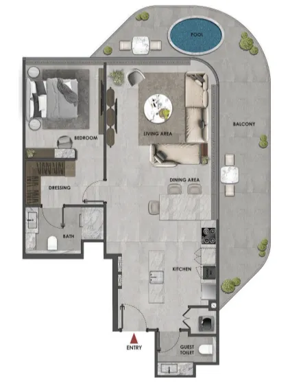 Arya Residences 1 bed floor plan, 1,061 sqft