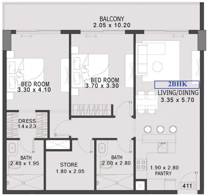 One By Preston 2 bed floor plan, 1,145 sqft